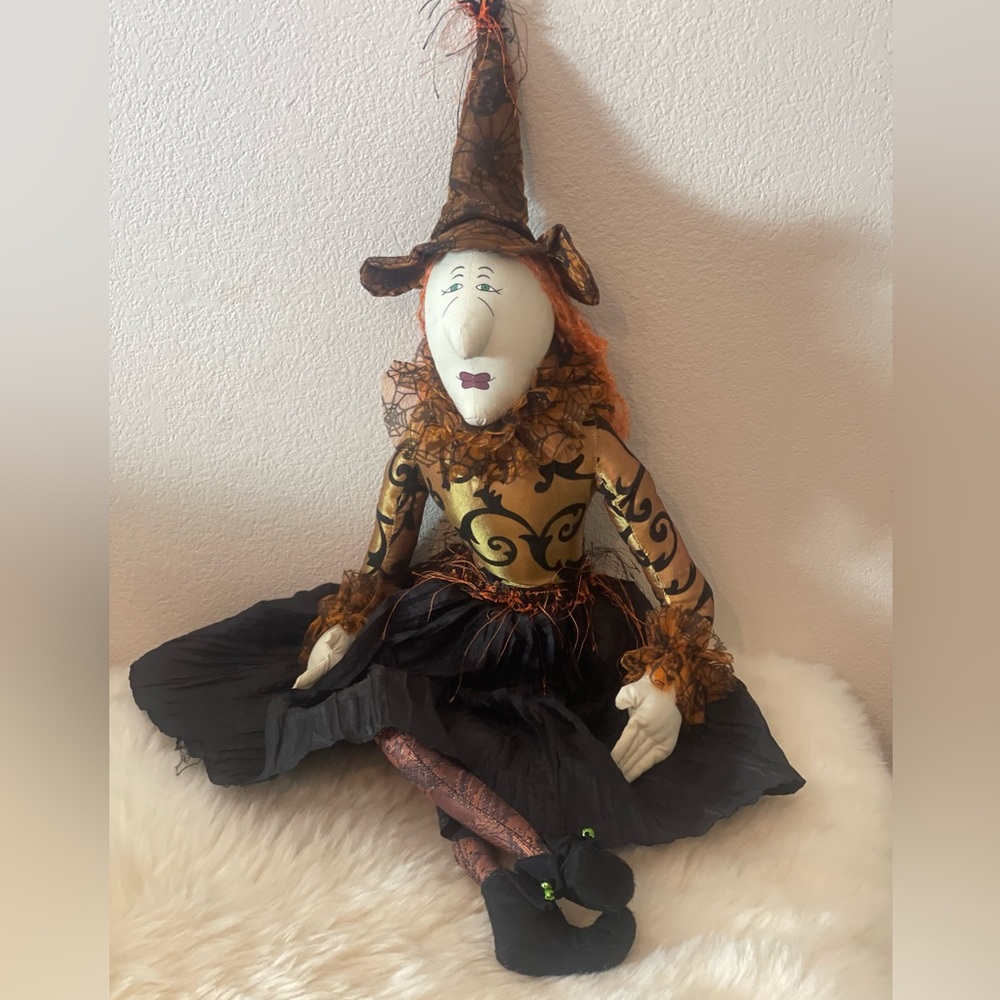 Whimsical Witch 28” plush posable Shelf Sitter black gold orange